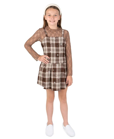 Rare Editions Girls' 7-16 Rhinestone Plaid Jumper and Lace Top, 2-Piece Set
