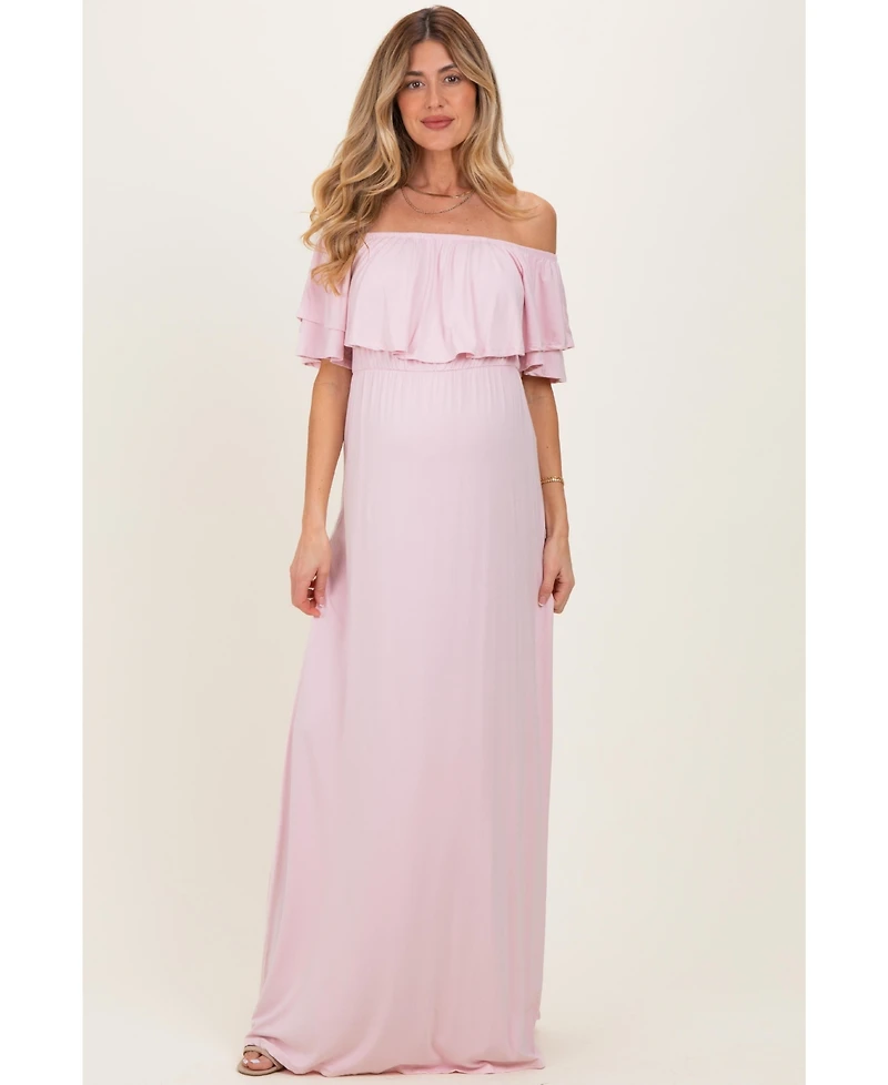Pinkblush Women's Light Pink Ruffle Off Shoulder Maxi Dress