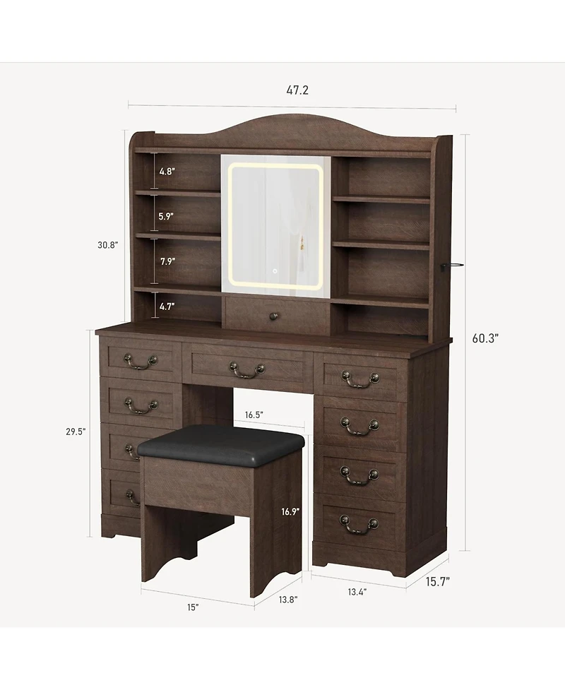 47.2" Makeup Vanity Desk with Lighted Mirror, Stool, 10 Drawers and Charging Station,Dark Brown