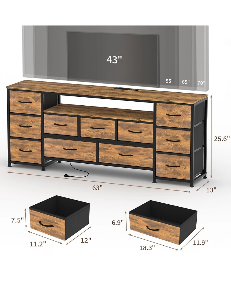 63" 11-Drawer Dresser and Tv Stand with Power Outlets and Led Lights, Entertainment Center
