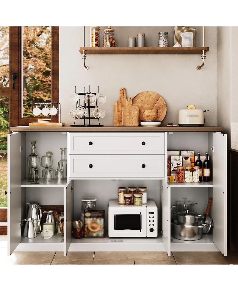 58" Farmhouse Sideboard Buffet Cabinet with 2 Drawers and 4 Barn Doors, Coffee Bar Console