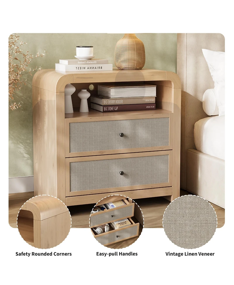 2-Drawer Nightstand, Modern Bedside Table with Built in Charging Station, Anti-Tip Kit, Sturdy Storage Cabinet for Bedroom, Living Room, Entryway