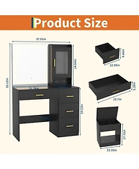 Vanity Desk with Mirror and Lights 37" Modern Makeup Dressing Table with Built-in Outlets Storage Stool 4 Drawers Led Mirror for Bedroom