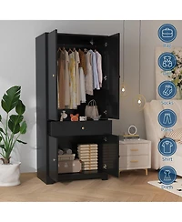 71" Modern Wooden Armoire Wardrobe with Drawer, 4 Doors and Adjustable Shelves,BlackandWhite