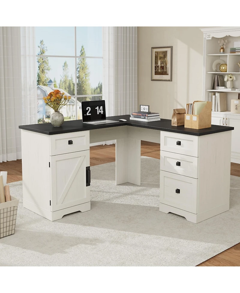 Farmhouse 60" L-Shaped Executive Desk with File Drawers and Adjustable Cabinet