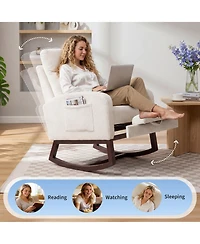 Nursery Glider Rocking Chair with Adjustable High Back, Side Pocket, Stuffed Animal Upholstered Nursing Rocker with Solid Wood Base for LIving Room
