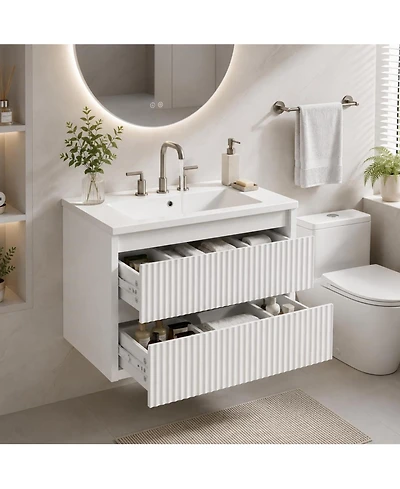 Wall Vanity 24 Inch Fluted 2 Drawer Bathroom Cabinet with Ceramic Sink 8" 3 Hole Floating Mount for Modern Bathroom