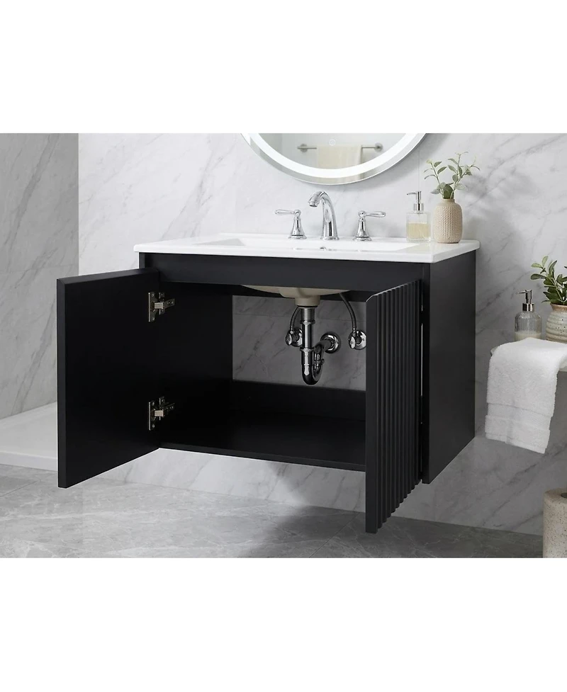 Wall Mounted Vanity with Sink 24 Inch Wood Fluted 2 Door Bathroom Cabinet 8" 3 Hole Ceramic Sink for Small Modern Bathroom
