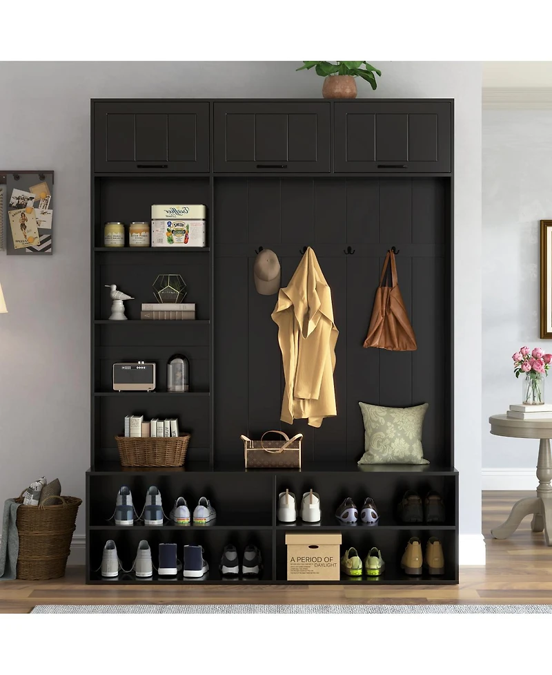 Streamdale Furniture 76.9" Farmhouse Hall Tree with Bench, Shoe Storage and 4 Hooks