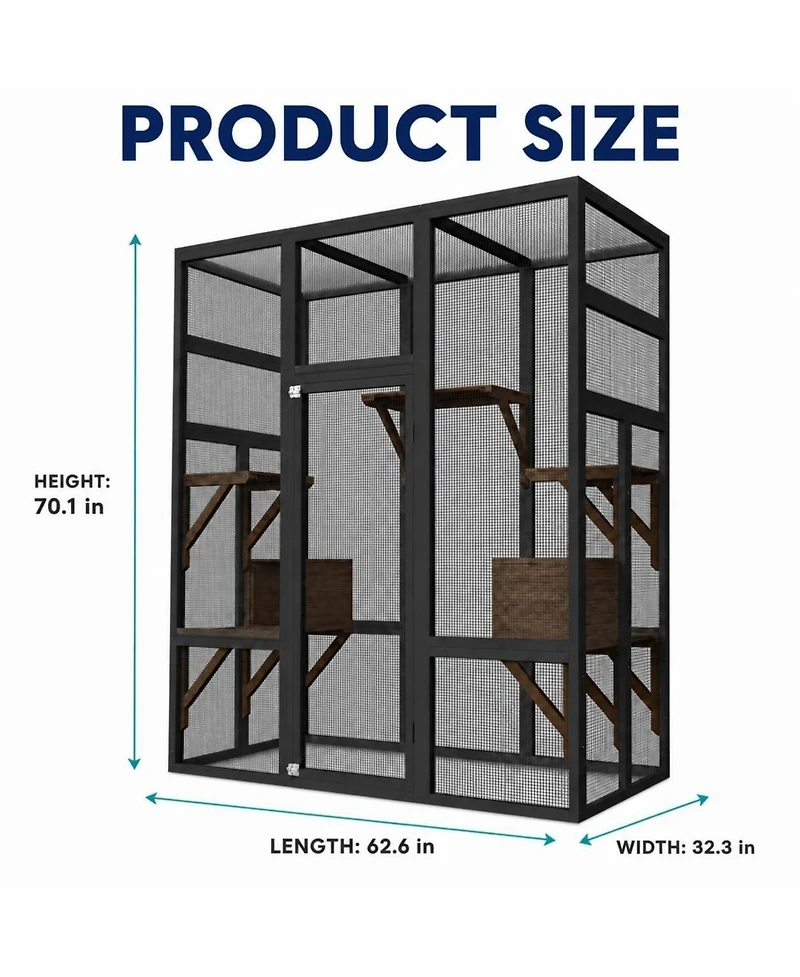 47.6 x 31.5 in Wooden Cat House, Large Outdoor Catio with Carbon Steel Frame, Multi-Level Cat Cage for Indoor Outdoor Cats