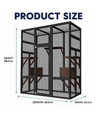 47.6 x 31.5 in Wooden Cat House, Large Outdoor Catio with Carbon Steel Frame, Multi-Level Cat Cage for Indoor Outdoor Cats