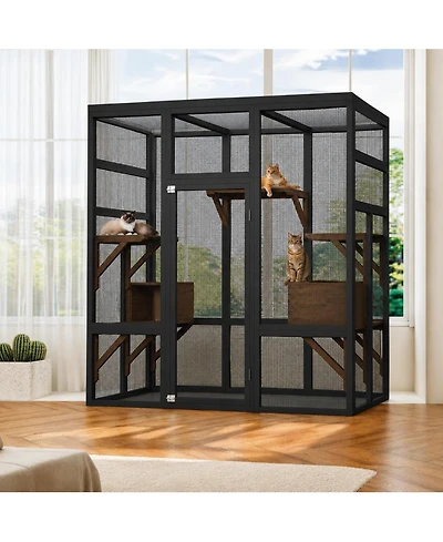 47.6 x 31.5 in Wooden Cat House, Large Outdoor Catio with Carbon Steel Frame, Multi-Level Cat Cage for Indoor Outdoor Cats