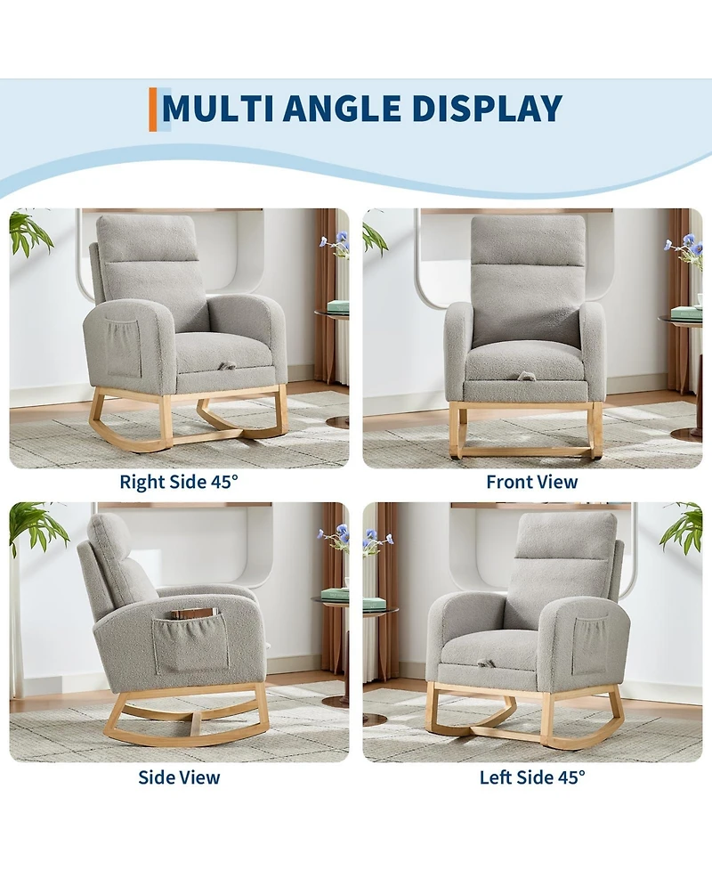 Rocking Chair Set of 2 Soft Fabric with Adjustable Footrest High Back Solid Wood Legs Dual Side Pockets for Living Room Nursery Dining Light Gray