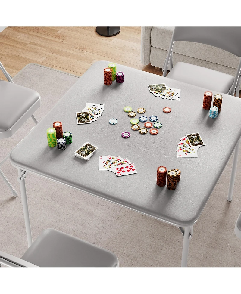 Folding Table Set 5 Piece Space Saving with Pu Collapsible Chairs Multi Functional Portable No Assembly for Dining Card Games Board Games Grey