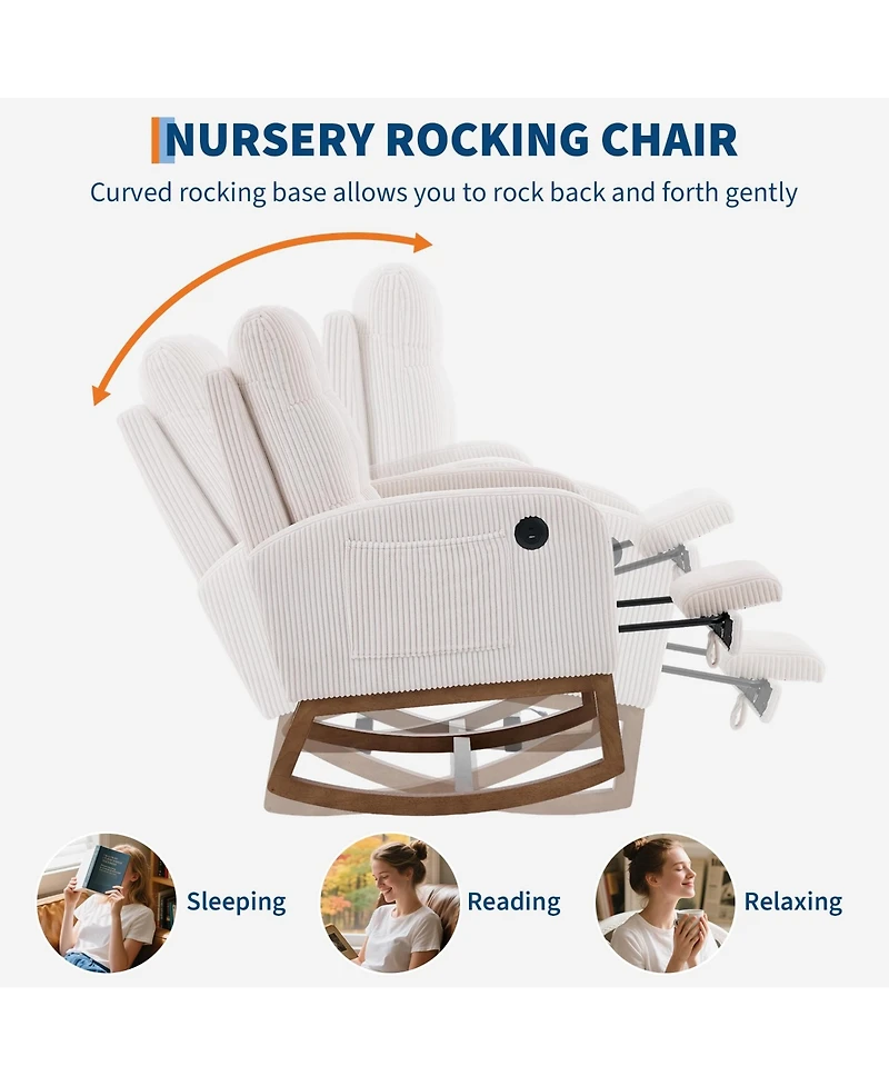 Upholstered Nursery Rocking Chair Glider Rocker Recliner w/Footrest, Side Pocket and Usb Port and Footrest, High Backrest Rocker Recliner for Nursery
