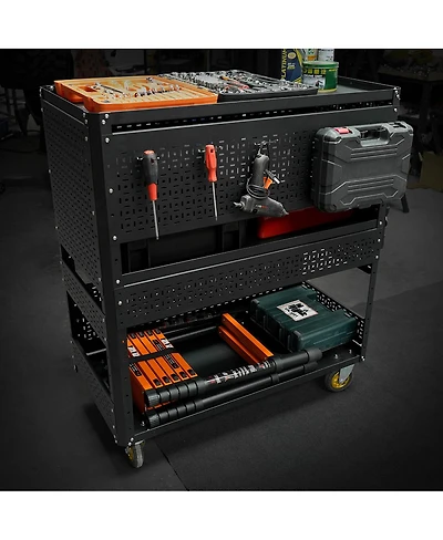 Streamdale Furniture 3-Tier Detachable Rolling Utility Tool Cart with Pegboard