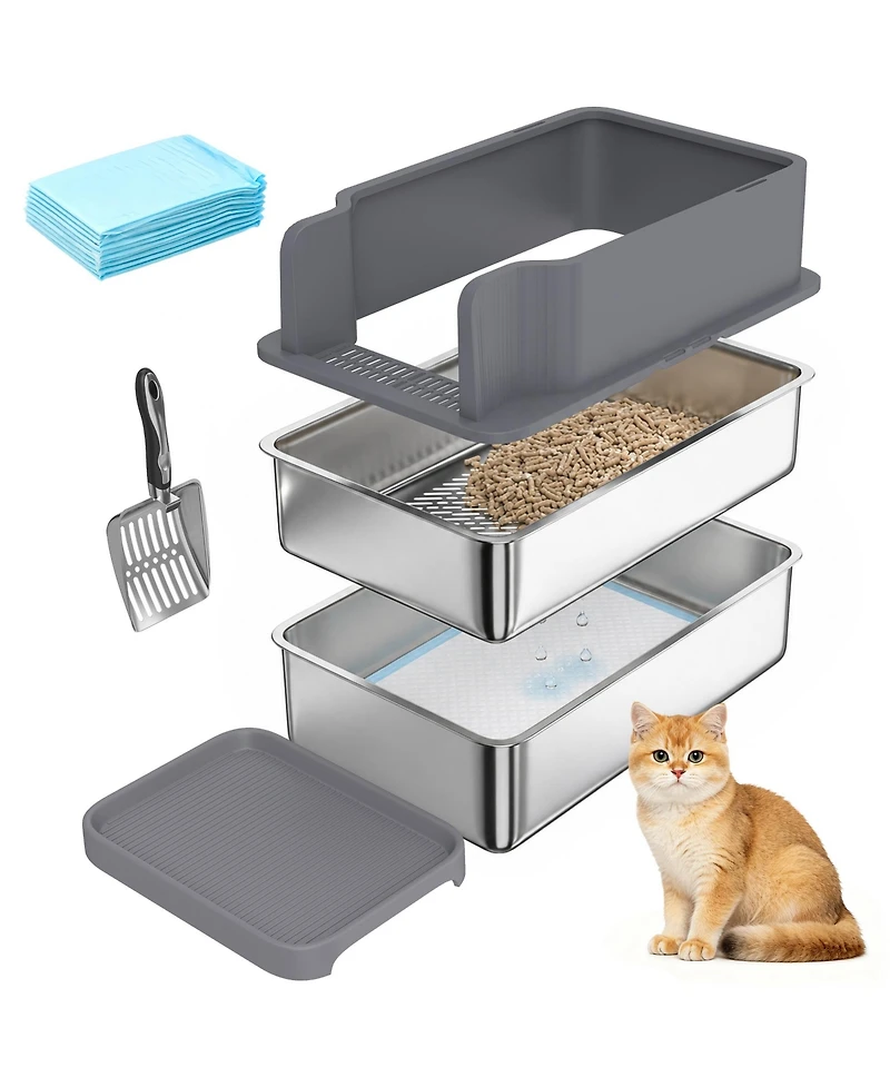 PawHut Stainless Steel Sifting Litter Box for Pine Pellets with Sifter Tray