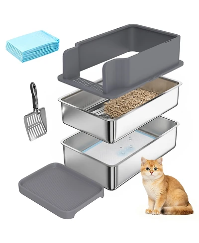 PawHut Stainless Steel Sifting Litter Box for Pine Pellets with Sifter Tray