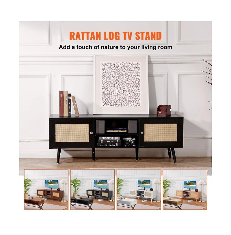 Slickblue Tv Stand with Rattan Doors and Built-In Power Socket, Modern Media Console for Home