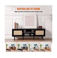 Slickblue Tv Stand with Rattan Doors and Built-In Power Socket, Modern Media Console for Home