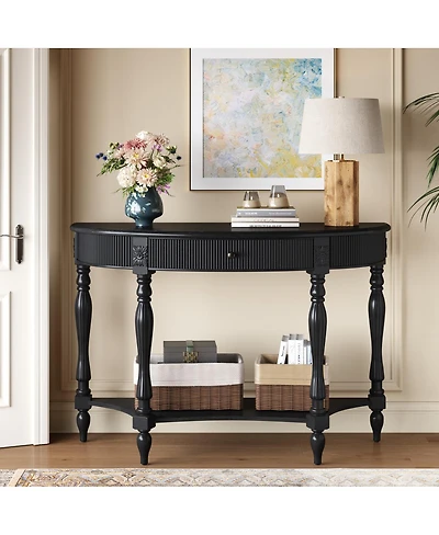 Streamdale Furniture Solid Wood Half Moon Console Table with Drawer and Shelf,