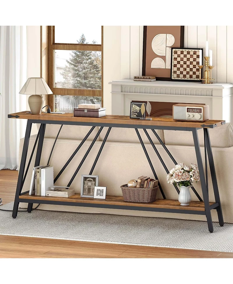Slickblue 2-Tier Industrial Entryway Console Table with Charging Station and Storage Shelf