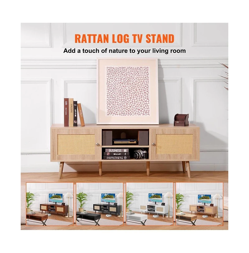 Slickblue Mid Century Modern Rattan Tv Stand with Built-In Socket, Storage Shelves for Living Room