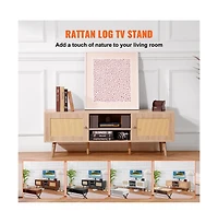 Slickblue Mid Century Modern Rattan Tv Stand with Built-In Socket, Storage Shelves for Living Room