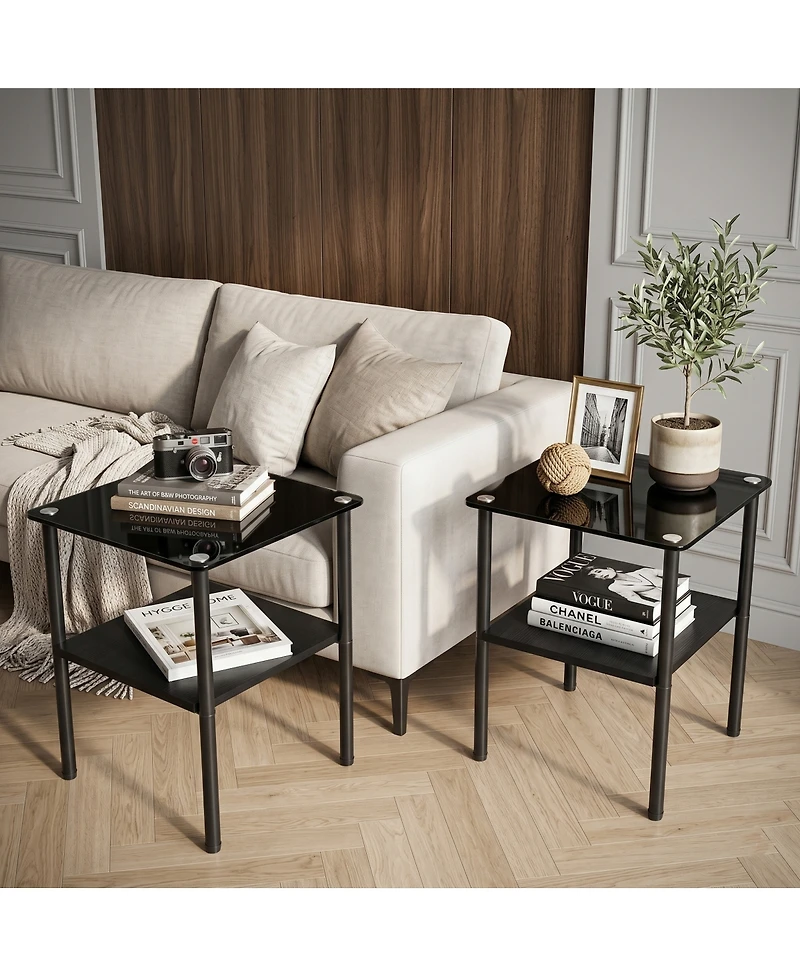 Streamdale Furniture 2-Piece Modern Glass and Metal Side Table with Storage Shelf