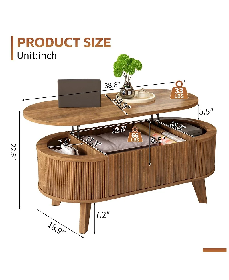 Streamdale Furniture Fluted Lift Top Oval Coffee Table with Storage
