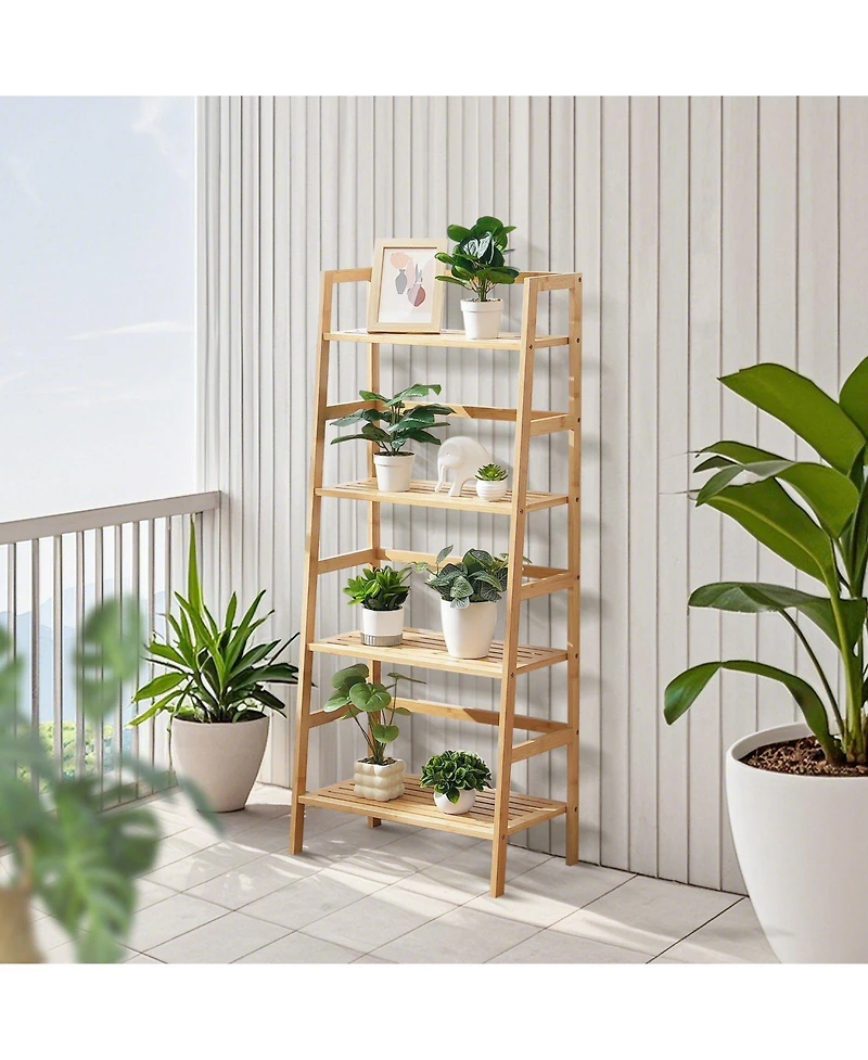 Slickblue 4-Tier Wicker Ladder Shelf, Freestanding Open Bookcase with Display Shelves for Home Office