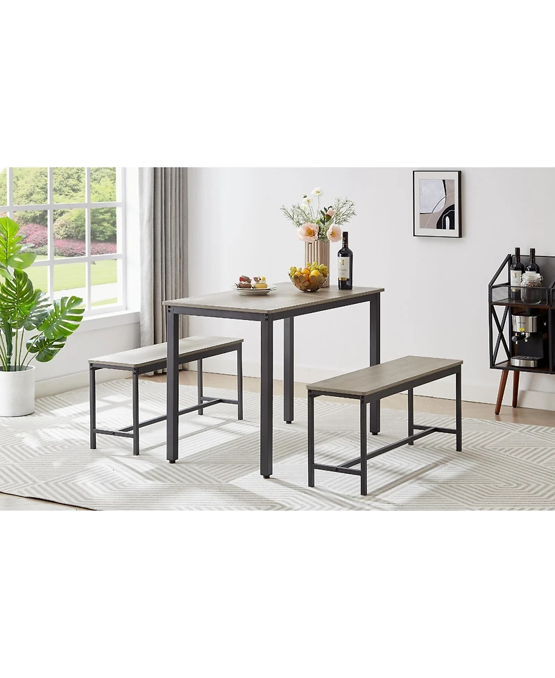 Flynama Industrial Dining Table Set with 2 Benches, Rustic Kitchen Table Set for 4, Space Saving Dining Furniture