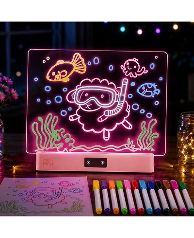 myFirst Sketch Clear 16 Led Luminous Acrylic Kids drawing board, Free 12 Fluorescent Marker, Up to 15H, 8 Color Led light
