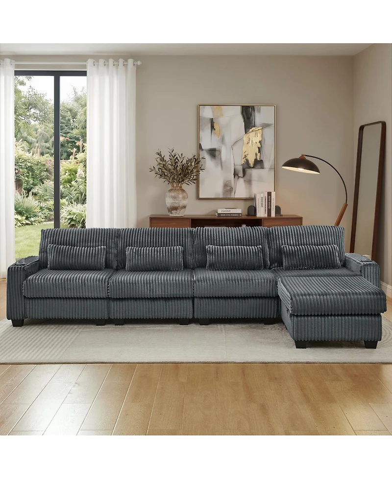 Streamdale Furniture L-Shaped Corduroy Modular Sectional Sofa with Storage and Cup Holders