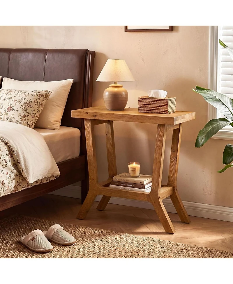 Tribesigns Solid Wood Side Table for Living Room, Small Wooden End Table with 2-Tier Storage