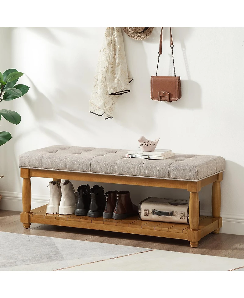 Streamdale Furniture Upholstered Linen Storage Bench with Shelf and Tufted Ottoman Design