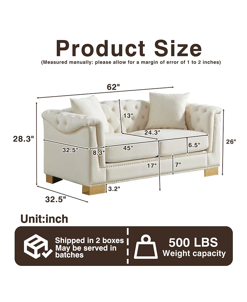 Streamdale Furniture Classic Modern Chesterfield Velvet 62" Two-Seater Sofa,