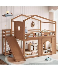 Streamdale Furniture Full Size House Loft Bed with Slide, Wardrobe and Bookshelves