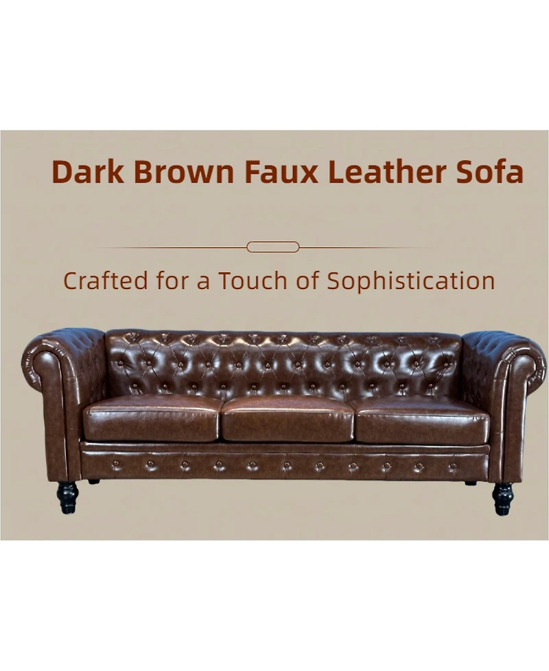 Streamdale Furniture Traditional Tufted Pu Leather Sofa with Solid Wood Legs