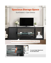 Slickblue Entertainment Center Tv Stand with Glass Shelf, Adjustable Shelves and Led Light Strip