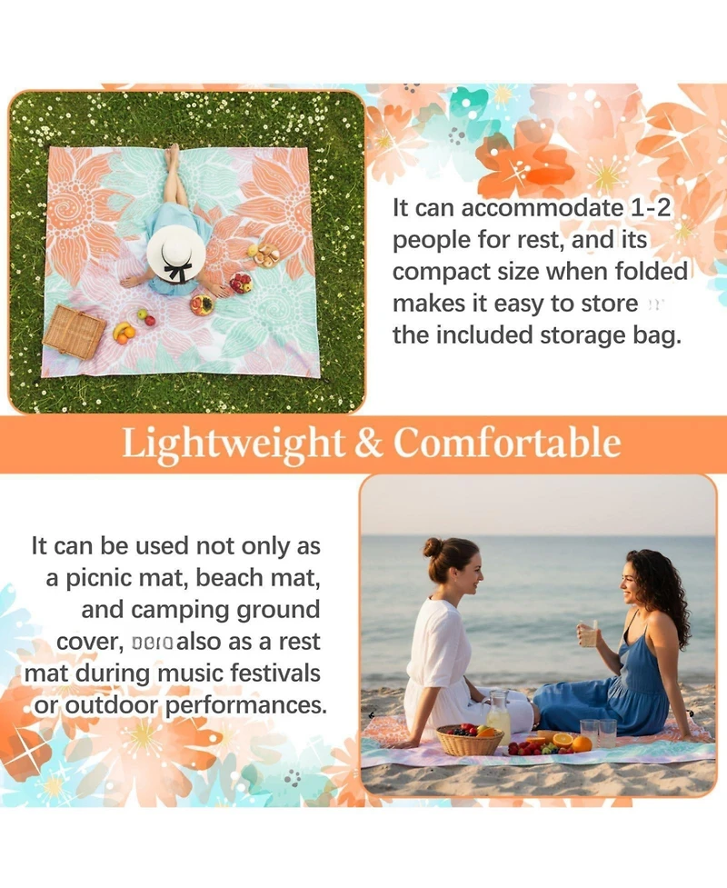 Piscifun Lightweight Portable Waterproof Sandproof Outdoor Picnic Blanket with Storage Bag
