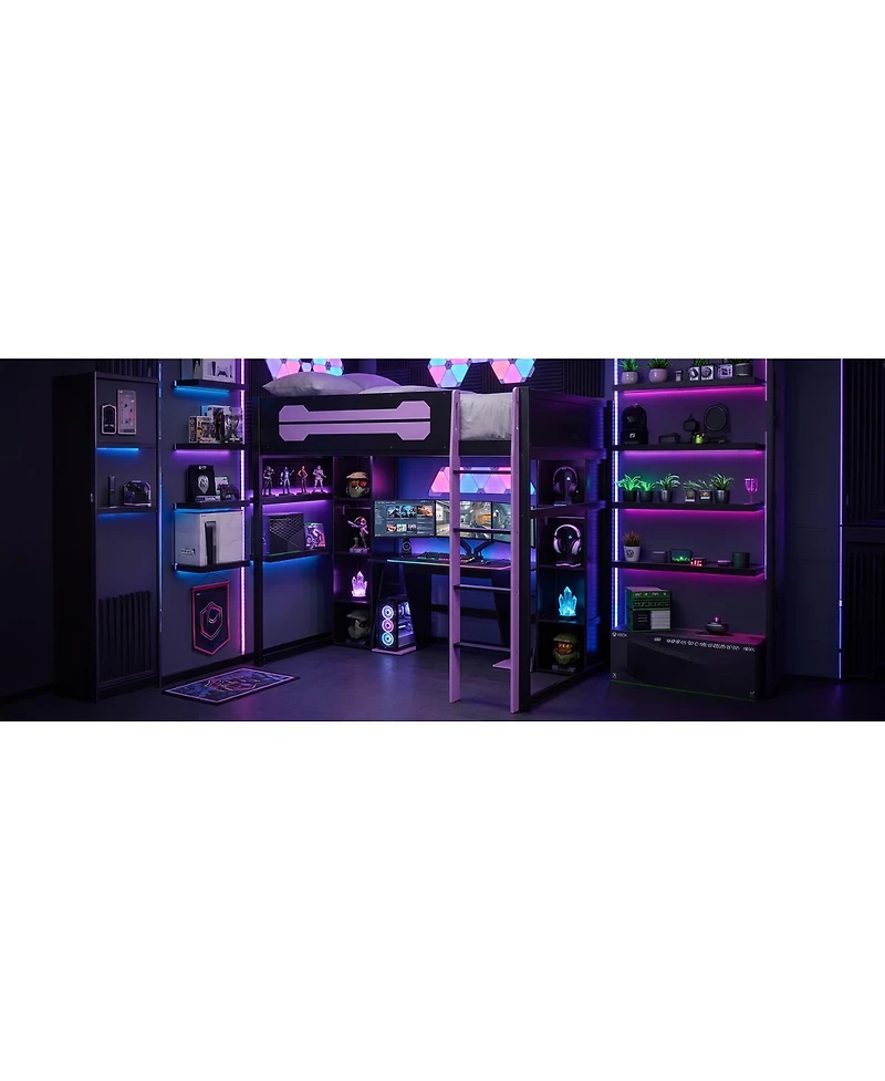 Streamdale Furniture Full-Size Wooden Gaming Loft Bed with Desk, Storage, Rgb Lights and Wardrobe