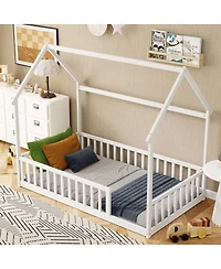 Streamdale Furniture Twin House Floor Bed with Roof and Safety Guardrails