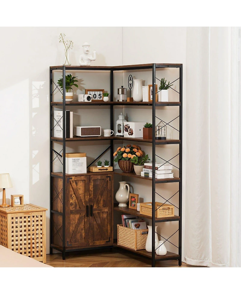 Slickblue Tall L Shaped Corner Bookcase with 10 Shelves, Storage Cabinet and Barn Door Design