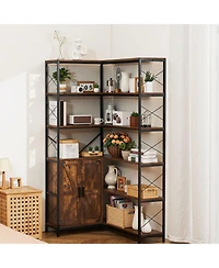 Slickblue Tall L Shaped Corner Bookcase with 10 Shelves, Storage Cabinet and Barn Door Design
