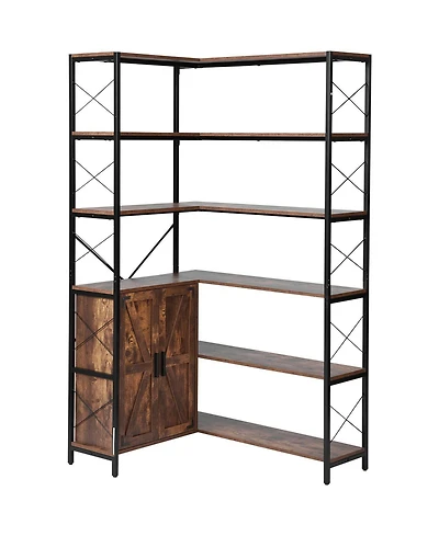 Slickblue Tall L Shaped Corner Bookcase with 10 Shelves, Storage Cabinet and Barn Door Design