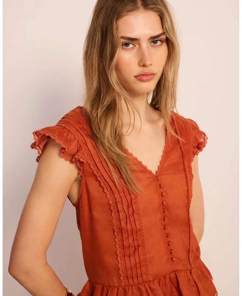 Mint Velvet Women's V-Neck Ruffle Sleeveless Ramie Blouse