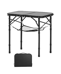 Mountaintop Folding Camping Table, Adjustable Height Side Tables, Aluminum Mdf Beach Table with Mesh Layer, Carrying Handle, Lightweight Compact