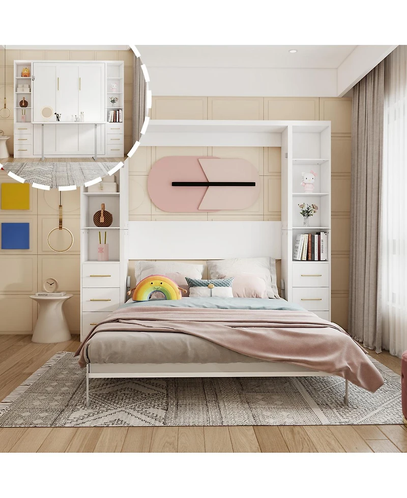 Streamdale Furniture Queen Murphy Desk Bed with Side Storage Cabinets