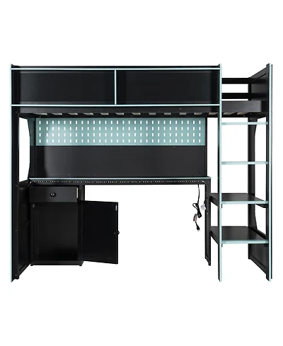 Clihome Twin Size Gaming Loft Bed with Integrated Desk and Lights, Modern Wooden Bed Frame with Desk and Built-in Charging Station